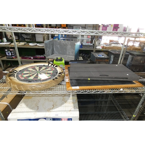 1102 - A Winmau match play dart board with tyre surround, chalkboard and folding Ockey by Ockeys-R-Us