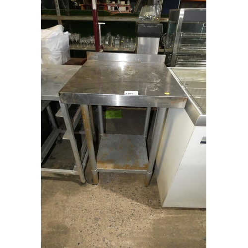 1107 - A commercial stainless steel square catering type table with shelf beneath approx 60x60cm