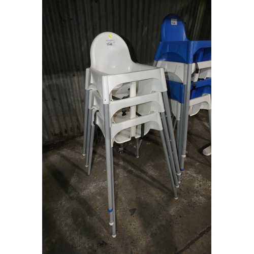 1146 - 3 x children's white plastic high chairs