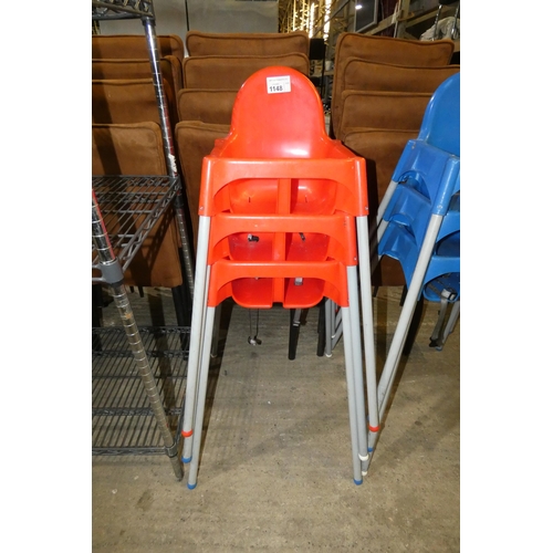 1148 - 3 x children's red plastic high chairs