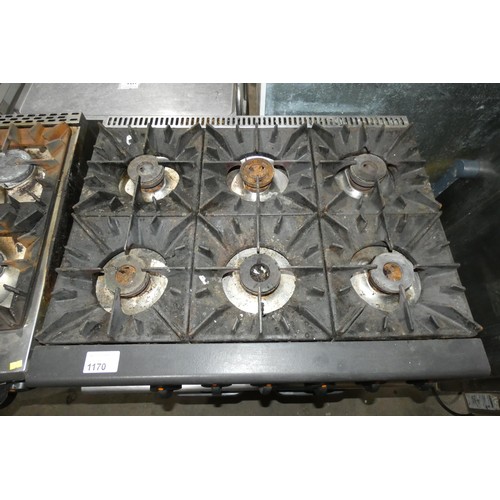 1170 - A commercial stainless steel 6 ring gas fired range by Lincat, 1 burner top missing - trade