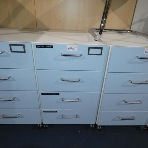 1289 - A mobile white and light blue storage unit with 4 soft close drawers approx 50x64x82cm