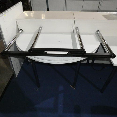 1304 - 2 x semi circular white tables/desks approx 150x75cm. Please note that the tops will lift off and th... 