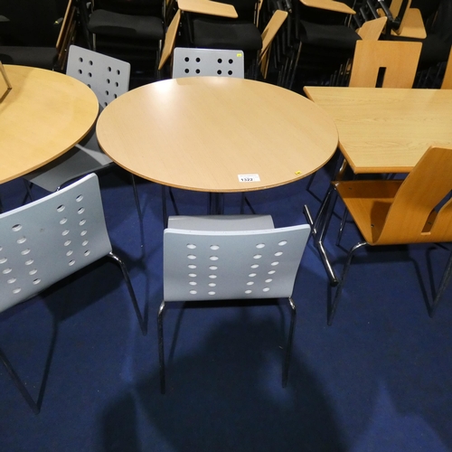 1322 - A round wood effect table with decorative metal base and 2 x grey bent wood chairs approx 90cm