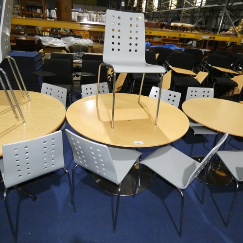 1323 - A round wood effect table with decorative metal base and 5 x grey bent wood chairs approx 110cm