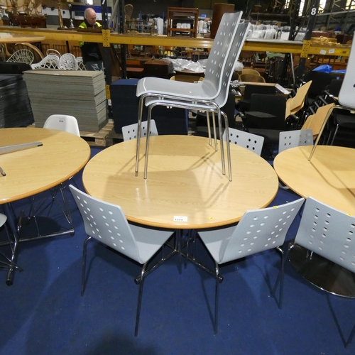 1324 - A round wood effect table with decorative metal base and 6 x grey bent wood chairs approx 120cm