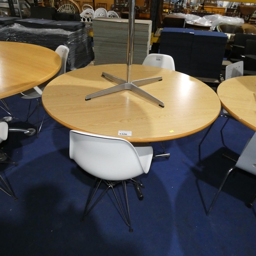 1326 - A round wood effect table with decorative metal base approx 120cm