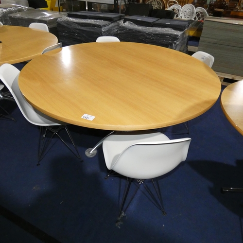 1327 - A large round wood effect table with decorative aluminium metal base approx 150cm