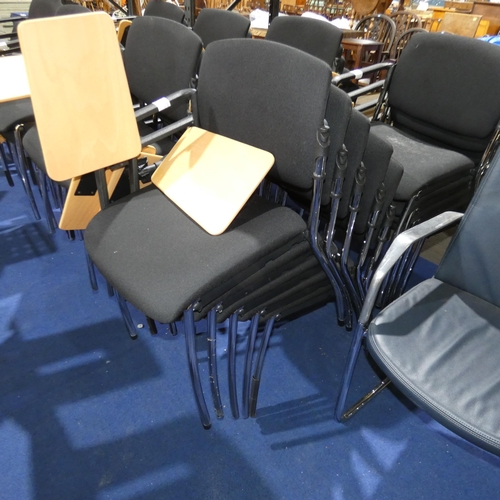 1353 - 5 x black upholstered stacking office chairs with small wood effect folding side table