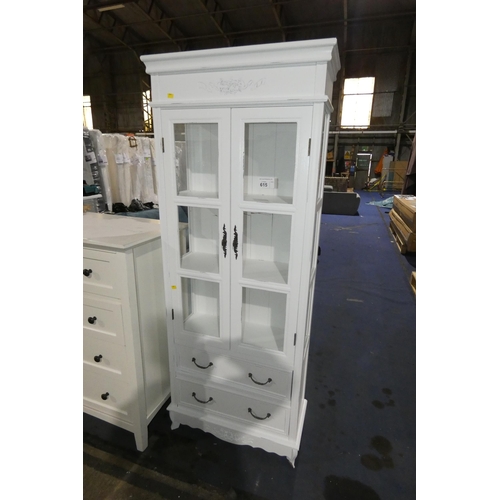 615 - A white two door display cabinet approx 66cm w x 177cm high. Please note that this cabinet has damag... 