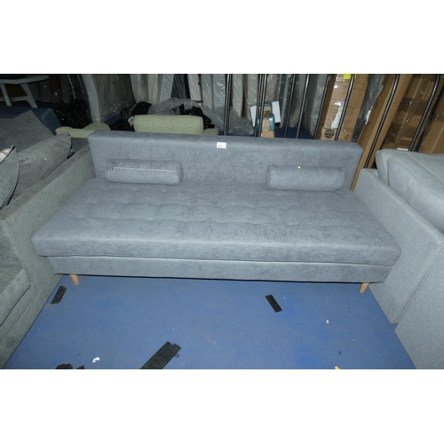 618 - A grey upholstered click / clack sofa bed. Please note that this sofa bed is missing the arms