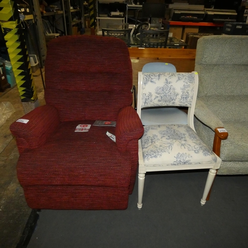 2154 - A red upholstered G-Plan arm chair, a bedroom chair and a light blue plastic chair