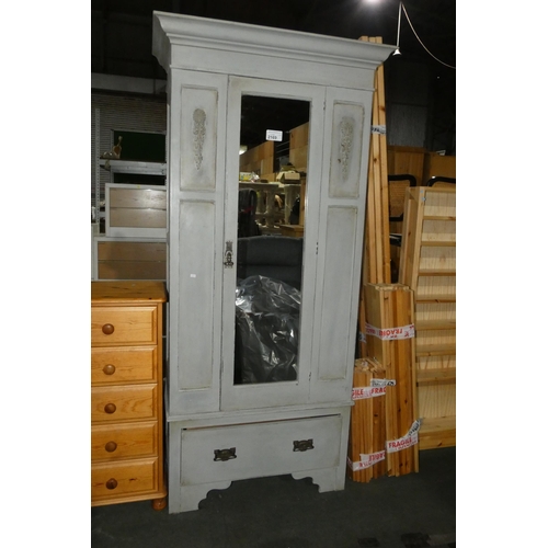 2169 - A shabby chic green/blue wardrobe with single mirrored door and single drawer beneath,  approx 98x48... 