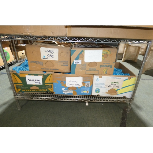 2597 - A quantity of various used blue table covers and other shop display related items, contents of 1 she... 