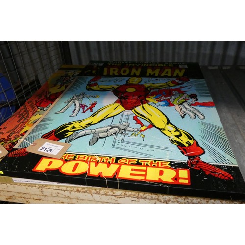 2128 - A large framed print on canvas of comic book hero the invincible Iron Man approx 80x60cm