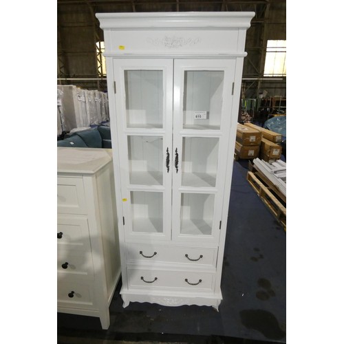 615 - A white two door display cabinet approx 66cm w x 177cm high. Please note that this cabinet has damag... 