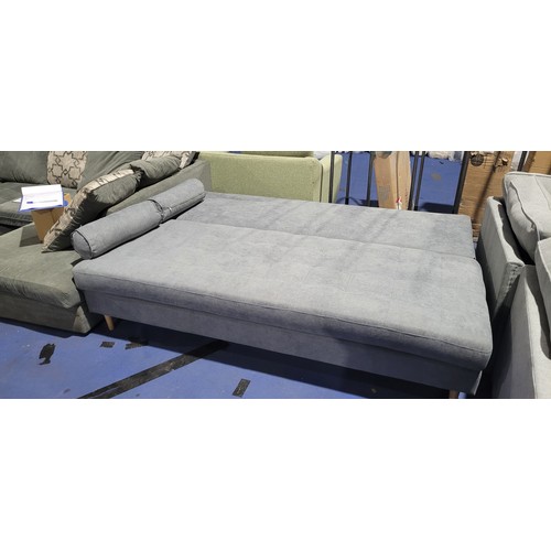 618 - A grey upholstered click / clack sofa bed. Please note that this sofa bed is missing the arms