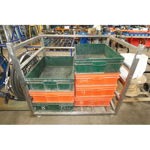 6037 - A stainless steel framed trolley / stillage with 7 large plastic trays