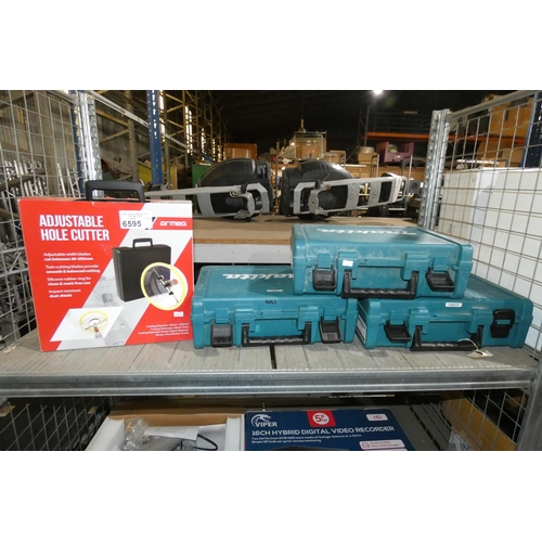 6595 - 1 x Armeg adjustable hole cutter and 3 x Makita tool cases (empty)