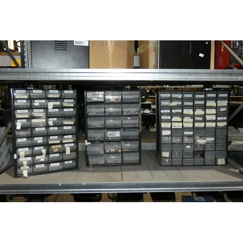 6602 - 3 x multidrawer parts storage cabinets and contents which include rivets, bolts, starters etc.