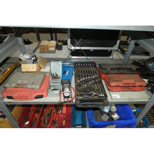 6681 - A quantity of various items including tap / die sets, spanners etc. Contents of 1 shelf