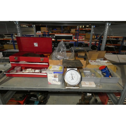 6683 - A quantity of various items including a red metal toolbox, various Amada laser consumables, a fiber ... 