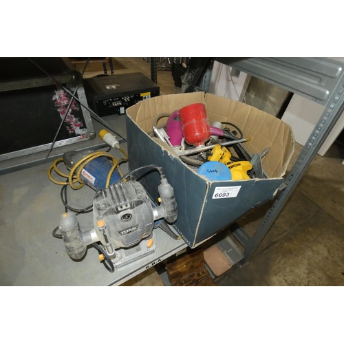 6693 - A quantity of various tools including 1 x G-Max angle grinder 110v, a Titan router, air tools etc