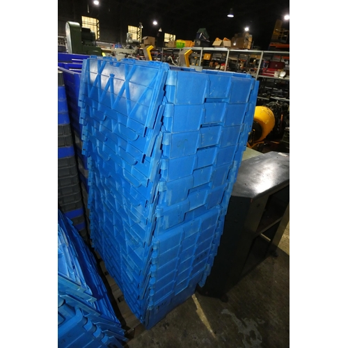 6777 - 12 x blue plastic crates with fold over lids each approx 60 x 40 x 24cm high