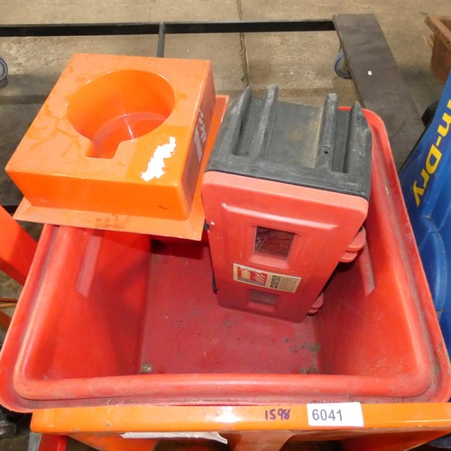 6041 - A red plastic wheeled tub and a quantity of various fire extinguisher stands (stands only, no fire e... 