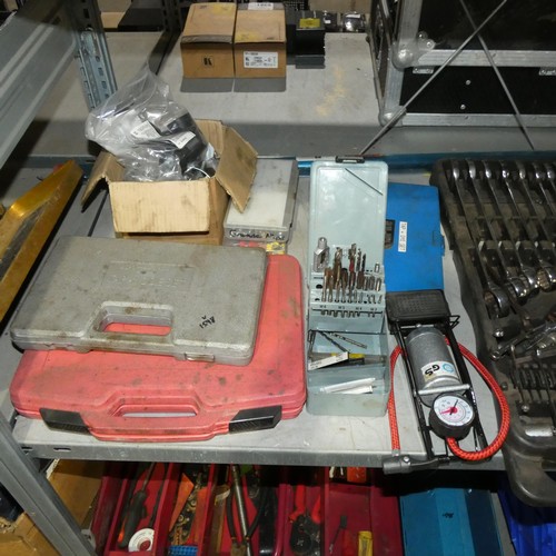 6681 - A quantity of various items including tap / die sets, spanners etc. Contents of 1 shelf