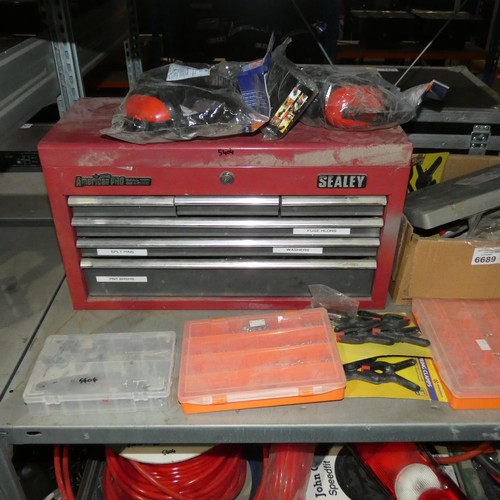 6689 - A quantity of various items including a Sealey red metal workshop tool box, mortar guns etc. Content... 