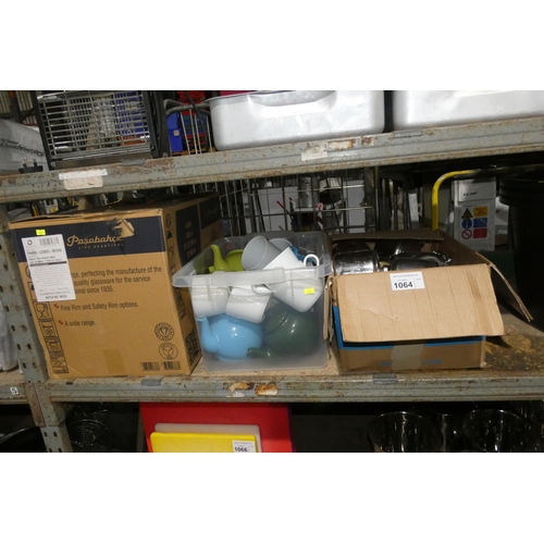 1064 - 3 boxes containing glasses, crockery and stainless steel teapots