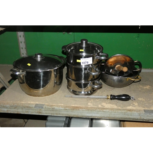 1078 - A quantity of various catering related items including stainless steel pots, colander, etc. Contents... 