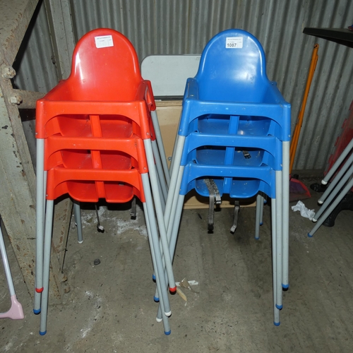 1087 - 6 x children's plastic high chairs 3 red 3 blue