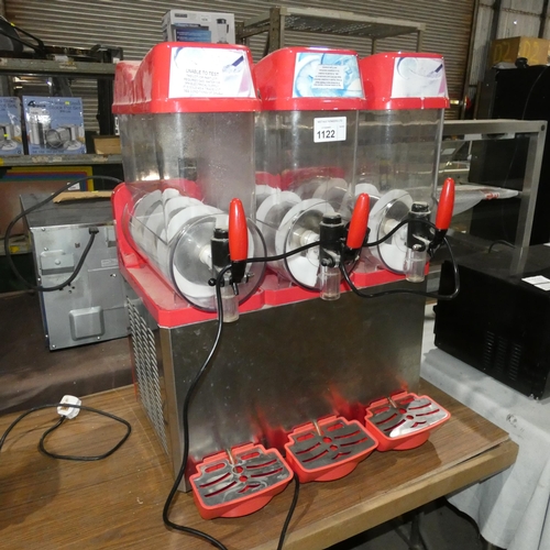 1122 - A commercial stainless steel & red triple slush machine, no make or model visible - trade