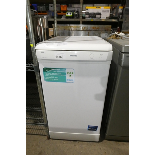 1126 - A white slimline under counter dishwasher by Beko type DSFS-1531W - trade