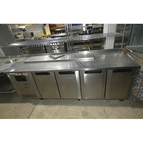 1141 - A large commercial stainless steel 4 door bench fridge by Foster type Supra approx 233x77cm - trade