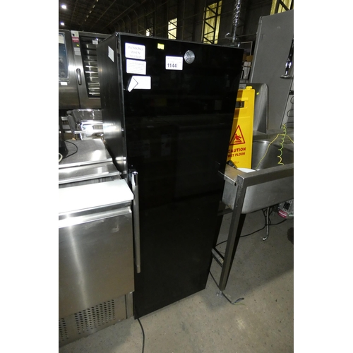 1144 - A black upright wine fridge by Hoover approx 145x59, door handle inside - trade. Tested Working.