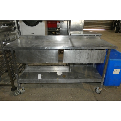 1155 - A commercial stainless steel mobile catering type table with shelf and 2 drawers beneath approx 150x... 