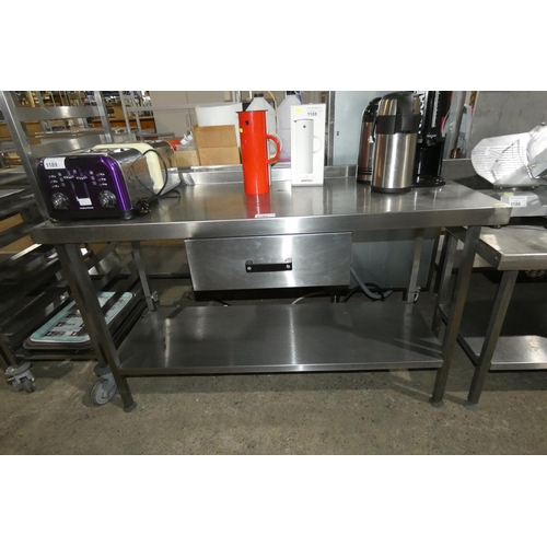 1190 - A commercial stainless steel catering type table with shelf and drawer beneath approx 150x60cm