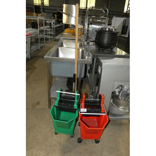 1197 - 2 x mop buckets and a long handled floor scraper