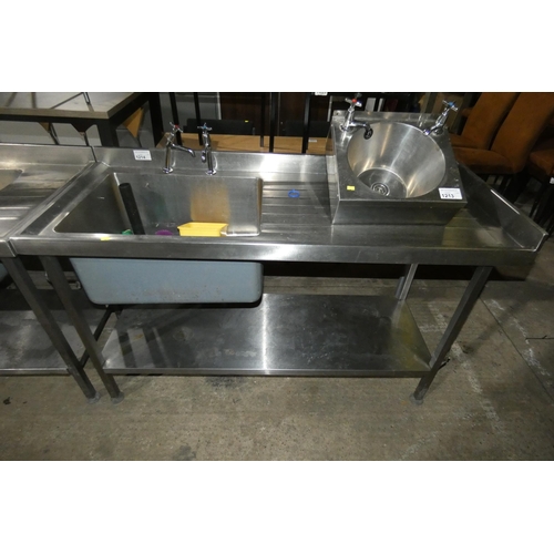 1214 - A commercial stainless steel sink unit with shelf beneath approx 150x60cm