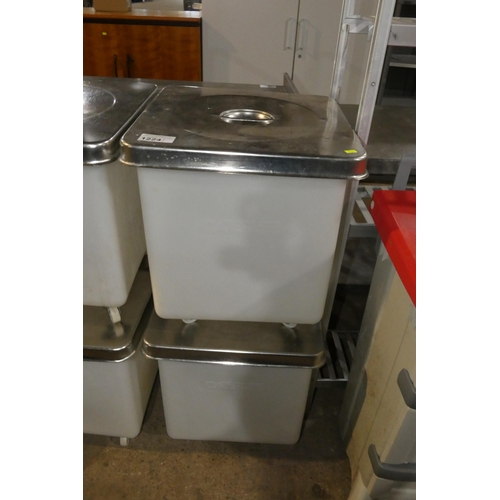 1224 - 2 x mobile plastic flour bins with stainless steel lids approx 47x47cm