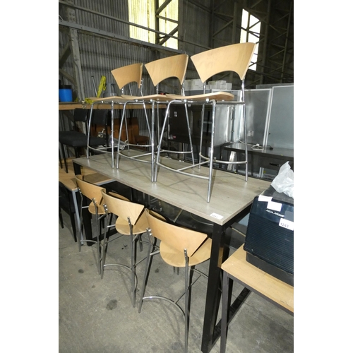 1251 - A tall cafe type table and 7 light wood metal framed stools, table is approx 180x75x104cm