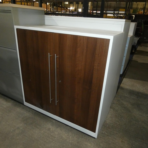 1253 - A white metal cabinet with 2 wood effect doors approx 100 x 47 x 99cm high