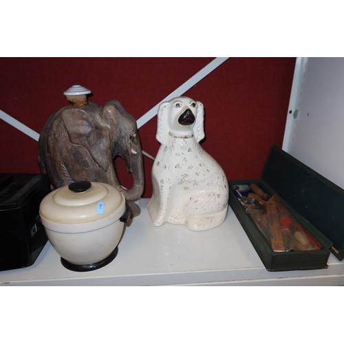 3024 - 2 vintage ice buckets, a carved wooden elephant, a staffordshire dog, a hanging light and a vintage ... 