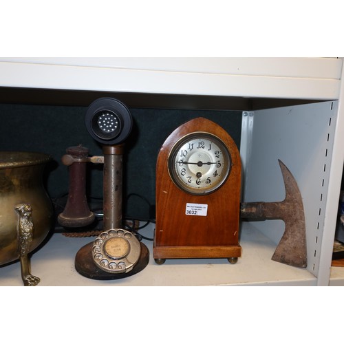 3032 - A vintage GPO No. 150 candlestick telephone, vintage Bakelite mains radio, a brass jardinier, a wood... 