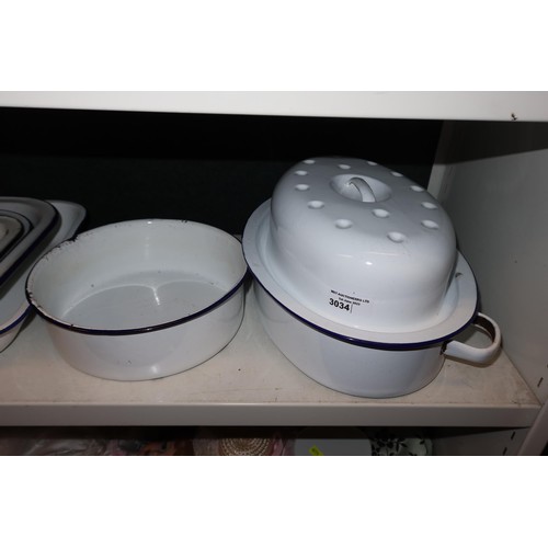 3034 - A quantity of vintage white enamled kitchen ware (one shelf)