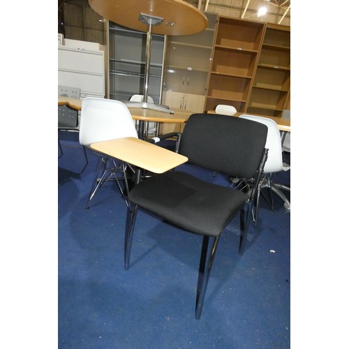 1404 - 5 x black upholstered stacking office chairs with small wood effect folding side table