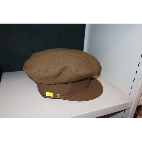 3055 - A military cap, four military belts and a blue and red crevat (one shelf)